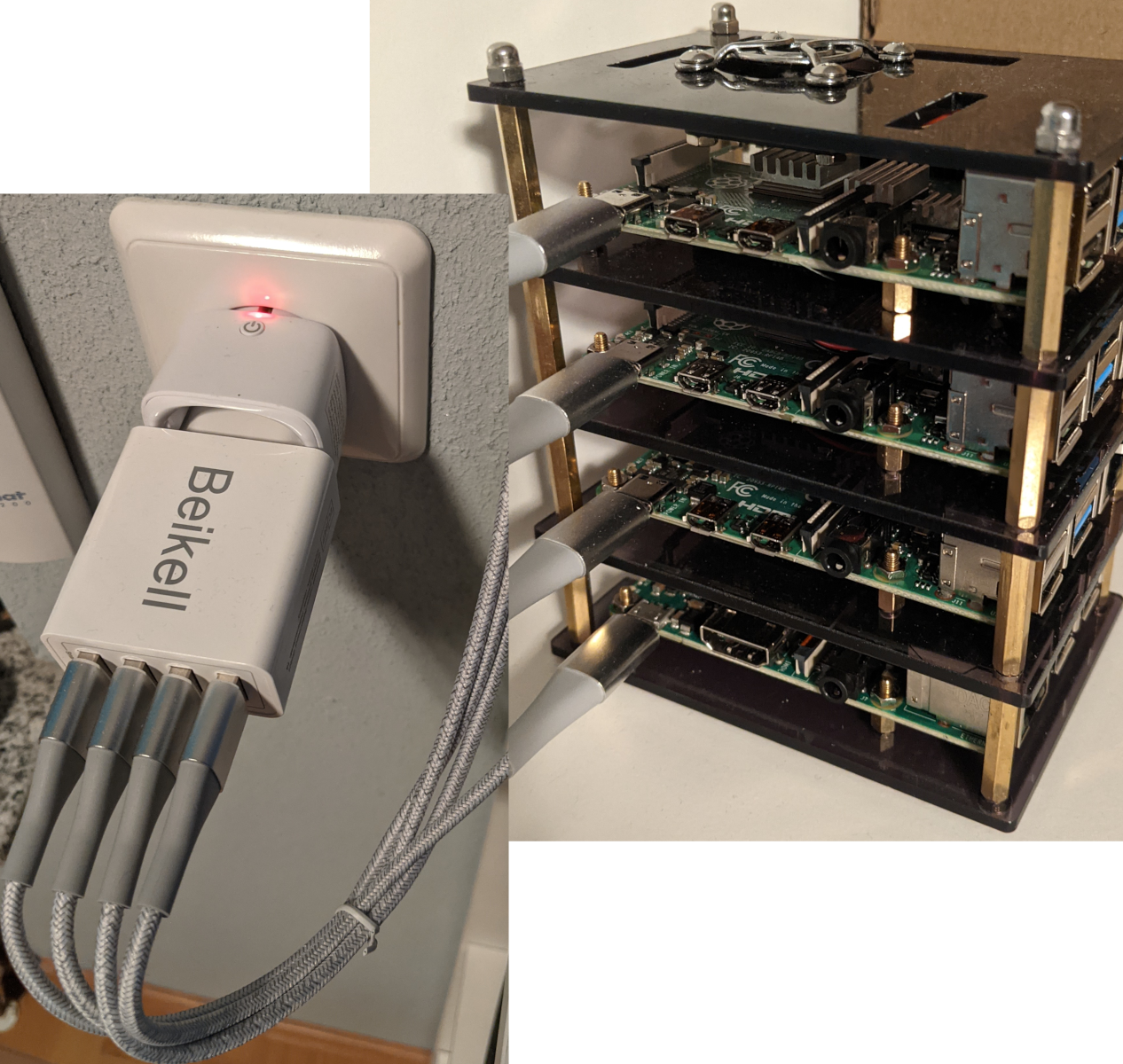 Stack of Raspberry Pis and a zigbee power switch